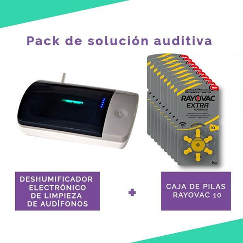 Deshumidificador electrónico de limpieza de audífonos + Caja de 60 pilas para audífono- RAYOVAC 10 - Audioactive